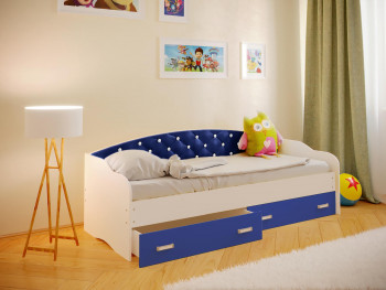 Кровать Софа-7 с мягкой спинкой со стразами (800х1900) Белый/Синий в Бобровке - bobrovka.mebel54.com | фото