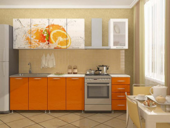 Кухонный гарнитур 1,6м Апельсин (Белый/Оранжевый металлик/Фотопечать апельсин) в Бобровке - bobrovka.mebel54.com | фото